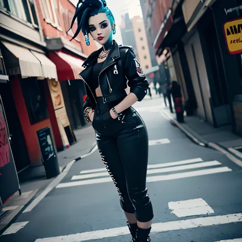 goth, excited, pale skin, smoky eyes, vivid colors, punk clothing, punk rock hairstyle, black lips, cyan hair, abandoned street, full body view, 