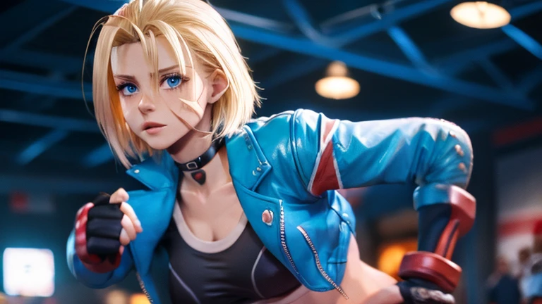 masterpiece, highest quality, High resolution, 1 girl, cammy white, short hair, antenna hair , blonde hair , blue eyes , Scar on left cheek, black choker, clavicle, blue jacket,　Black inner shirt, cropped jacket, open jacket, play sports often, abdomen, fingerless gloves, black gloves, Long black pants, Navel exposed , combat readiness , Punch me , frown , view audience , 