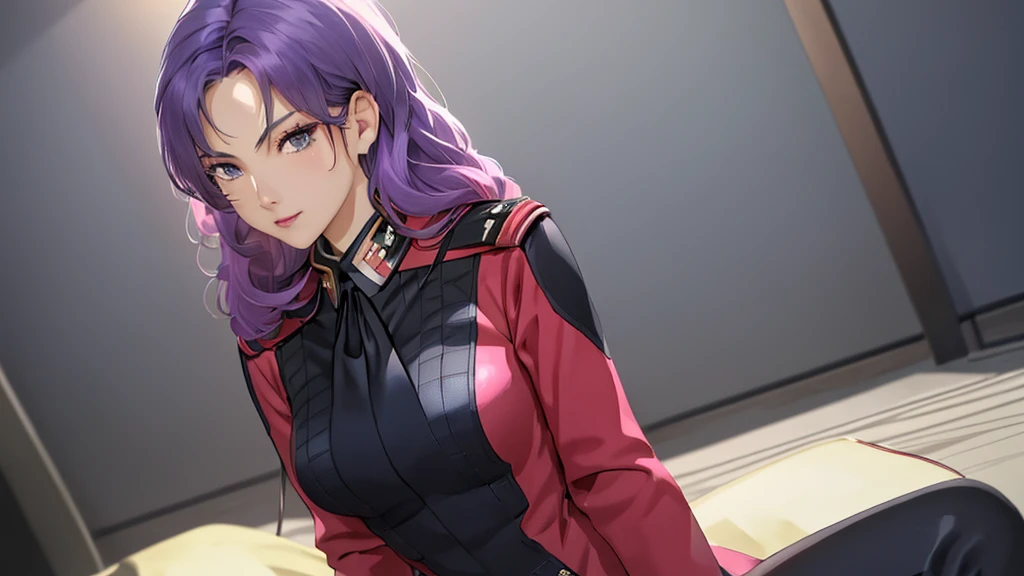 red,Pink military uniform,
purple hair ,blue eyes,lipstick, long hair,
1 girl, 20 years,young women,beautiful Finger,beautiful long legs,beautiful body,beautiful Nose,beautiful character design, perfect eyes, perfect Face,expressive eyes, looking at the audience, in the center of the image,(Light_Smile:0.5), official art,Extremely detailed CG unified 8k wallpaper, perfect Lighting,rich and colorful, bright_front_Face_灯Light,有Light泽的皮肤, (masterpiece:1.0),(the best_quality:1.0), 超high resolution,4K,Super detailed, photography, 8k, human development report, high resolution, ridiculous:1.2, Kodak Portrait 400, film grain, blurred background, Bokeh:1.2, 镜头Light晕, (energetic_color:1.2) (beautiful,big deal_breast:1.0), (beautiful_Face:1.5),(narrow_waist)  full body sitting position, wear, elite, velvet, deep Purple, small tie. he himself, boss, momentum, Full HD, ......International Organization for Standardization, The law office features modern design furniture, 包括black色和灰色皮革软垫的扶手椅, Chrome base tempered glass coffee table, 实木会议桌搭配black色皮椅, There is also a built-in bookcase，Inside there are law books bound in brown leather. ?" 其 11 叶片圆形Light圈和 XA 镜头元件一起提供了漂亮的Bokeh效果. also, 镜头配备Light圈环，You can switch between no-click and no-click actions, a dust and moisture resistant design, and four XD linear autofocus motors，Provides fast and accurate autofocus and tracking. 这款镜头为索尼photography师提供了出色的人像拍摄工具, night view, 和一般photography."Legs up, Sitting on the sofa, black, black色高跟鞋