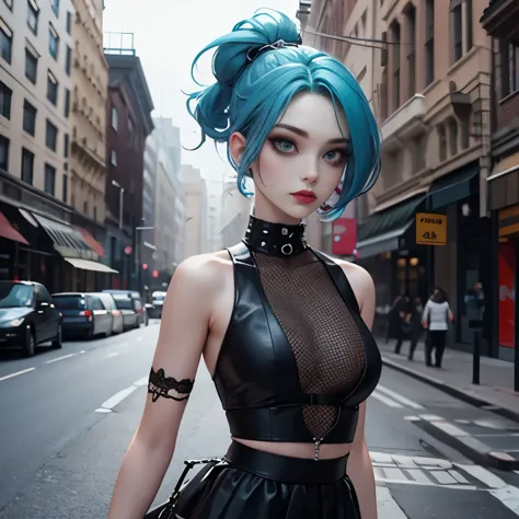 goth, excited, pale skin, smoky eyes, vivid colors, punk clothing, punk rock hairstyle, black lips, cyan hair, abandoned street,...