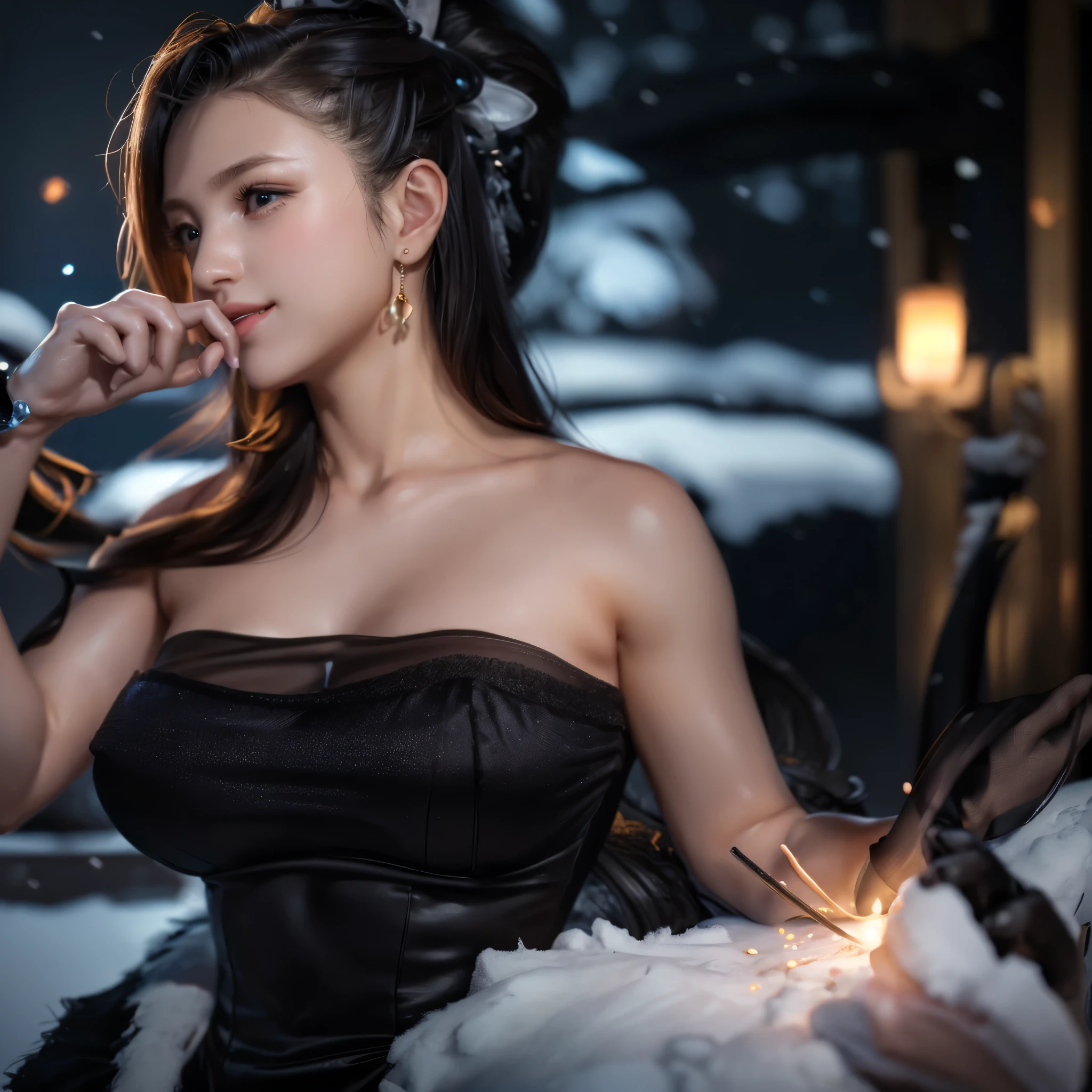 (table top), sexy、Natural light, realistic diffused glow, Depth of written boundary, professional lighting、Spotlight on people、Big eyes、eyes are blue、blonde、Russian、Live、A little bite、in the snow、microphone on right hand、Black dress、White skirt、fantastic background、
