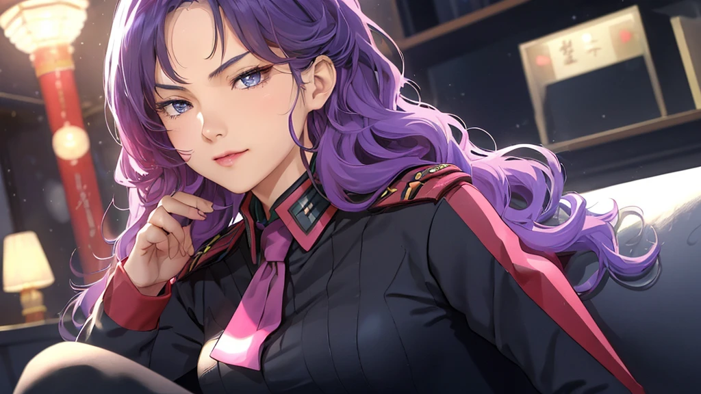 red,Pink military uniform,
purple hair ,blue eyes,lipstick, long hair,
1 girl, 20 years,young women,beautiful Finger,beautiful long legs,beautiful body,beautiful Nose,beautiful character design, perfect eyes, perfect Face,expressive eyes, looking at the audience, in the center of the image,(Light_Smile:0.5), official art,Extremely detailed CG unified 8k wallpaper, perfect Lighting,rich and colorful, bright_front_Face_灯Light,有Light泽的皮肤, (masterpiece:1.0),(the best_quality:1.0), 超high resolution,4K,Super detailed, photography, 8k, human development report, high resolution, ridiculous:1.2, Kodak Portrait 400, film grain, blurred background, Bokeh:1.2, 镜头Light晕, (energetic_color:1.2) (beautiful,big deal_breast:1.0), (beautiful_Face:1.5),(narrow_waist)  full body sitting position, wear, elite, velvet, deep Purple, small tie. he himself, boss, momentum, Full HD, ......International Organization for Standardization, The law office features modern design furniture, 包括black色和灰色皮革软垫的扶手椅, Chrome base tempered glass coffee table, 实木会议桌搭配black色皮椅, There is also a built-in bookcase，Inside there are law books bound in brown leather. ?" 其 11 叶片圆形Light圈和 XA 镜头元件一起提供了漂亮的Bokeh效果. also, 镜头配备Light圈环，You can switch between no-click and no-click actions, a dust and moisture resistant design, and four XD linear autofocus motors，Provides fast and accurate autofocus and tracking. 这款镜头为索尼photography师提供了出色的人像拍摄工具, night view, 和一般photography."Legs up, Sitting on the sofa, black, black色高跟鞋