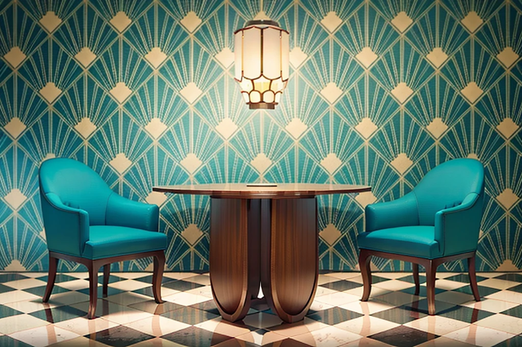 ein Zimmer mit Möbeln und Wänden, die mit Art-Deco-Mustern dekoriert sind, Innenbeleuchtung, Scharfe Linien