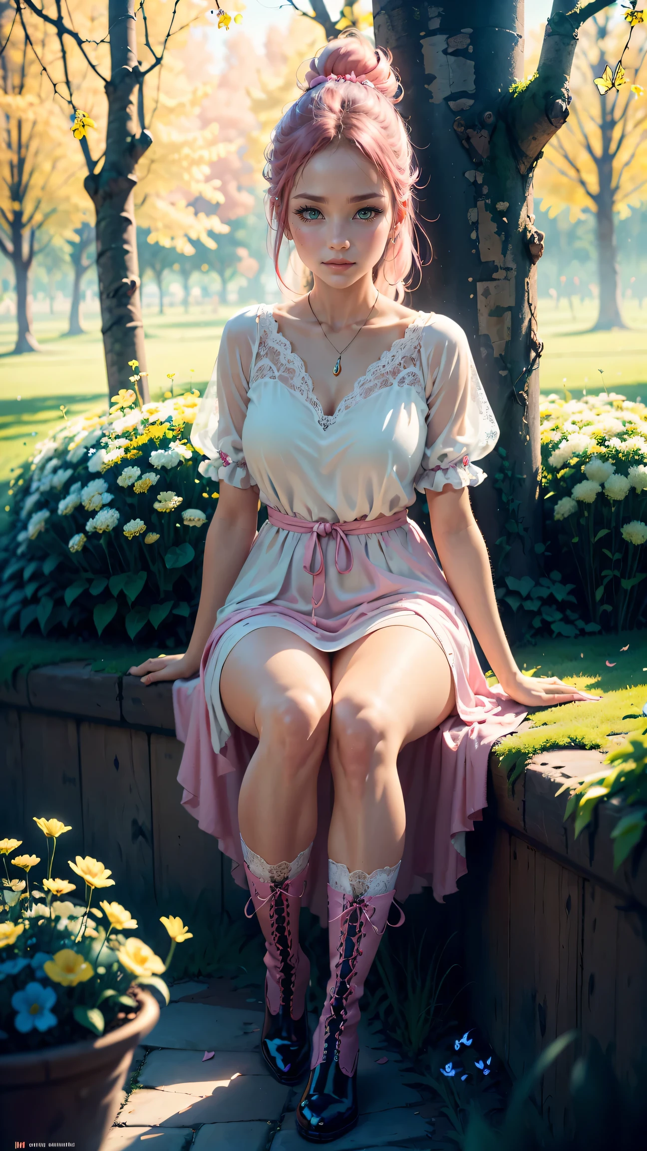 (best quality,4K,8k,high resolution,masterpiece:1.2),Super detailed,(actual,photoactual,photo-actual:1.37),cute anime girl,big bright eyes,red face,playful expression,Long pale hair,Two buns,Pink bow,cute clothes,frilly dress,Big puff sleeves,fancy ribbon,ponytail,Striped socks,Lace-up boots,in a blooming garden,with vibrant flowers,flying butterflies,soft green grass,Bright blue sky,Soft sunlight pours down through the trees,ethereal light,traditional watercolor style,warm pastel color palette,Soft brushstrokes,Hint of cherry blossom petals,Sophisticated and dreamy atmosphere,harmonious composition,Light and airy feel