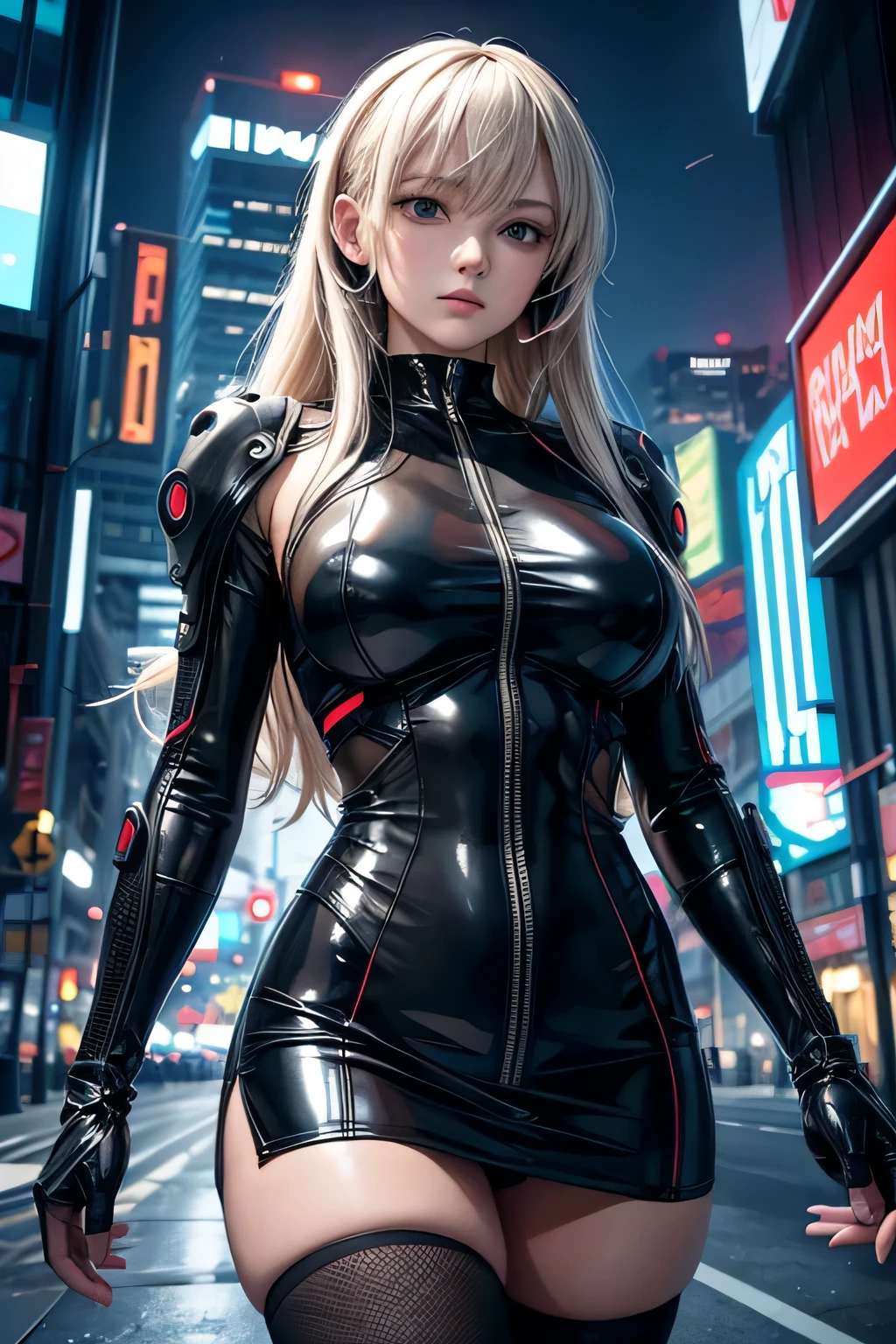 official art, unity 8k wallpaper, ultra detail, beautiful and aesthetic, masterpiece, highest quality, genuine, close, skin dents, 1 female, beautiful face、big breasts、thighs、Wearing a plug suit、interface headset, , fine eyes, detailed face, thin hair, cyberpunk city night background, straight, look viewer, mini skirt,sexy law