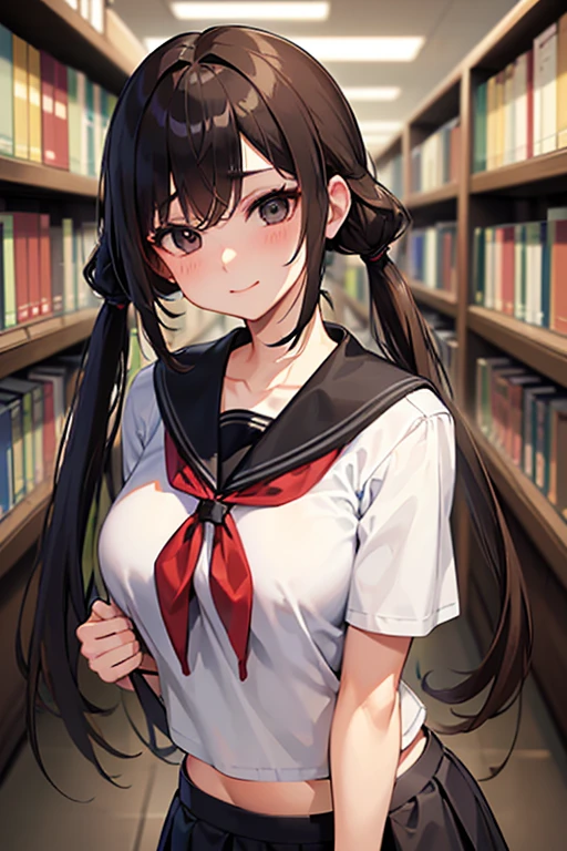 ​masterpiece、top-quality、hight resolution、profetional lighting、anime styled、Details of the face and clothes、Single-color background 、1womanl、Upper body shot from the front、((Beautiful shy student in the library standing in front of you))、(Age is about 25 years old :1.5)、(Mature face and body)、Turn your face and look straight ahead、(Breasts are big、clothing is a short skirt and hot school uniform)、(Black eyes、Brown hair、Cropped bangs、 Long low twintail :1.2)、Good Smile