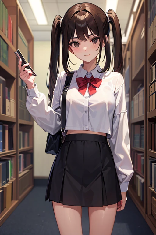 ​masterpiece、top-quality、hight resolution、profetional lighting、anime styled、Details of the face and clothes、Single-color background 、1womanl、Upper body shot from the front、((Beautiful shy student in the library standing in front of you))、(Age is about 25 years old :1.5)、(Mature face and body)、Turn your face and look straight ahead、(Breasts are big、clothing is a short skirt and hot school uniform)、(Black eyes、Brown hair、Cropped bangs、 Long low twintail :1.2)、Good Smile