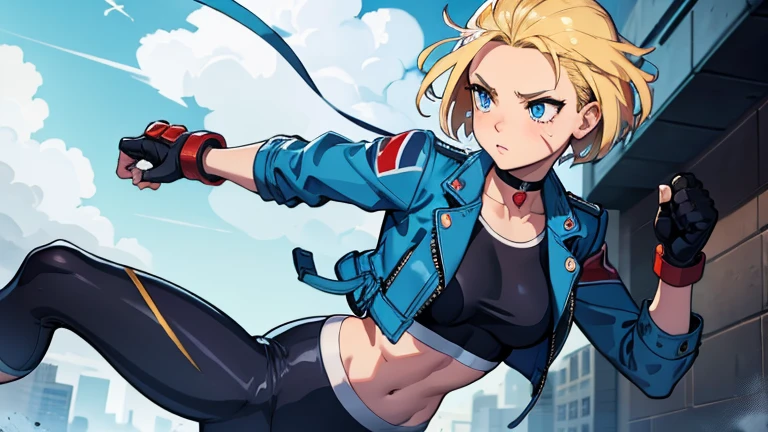 masterpiece, highest quality, High resolution, 1 female, cammy white, short hair, antenna hair , blonde hair , blue eyes , Scar on left cheek, black choker, clavicle, blue jacket,　Black inner shirt, cropped jacket, open jacket, play sports often, abdomen, fingerless gloves, black gloves, Long black pants, Navel exposed, combat readiness , fighting pose , Roundhouse kick , street fight