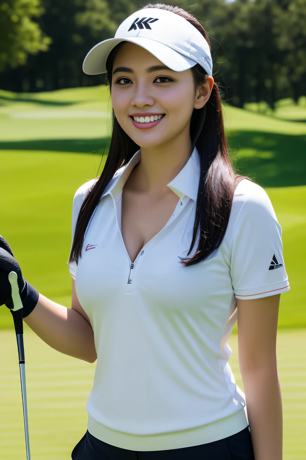 Highly detailed CG Unity 8K wallpaper, with the best quality, Super detailed, masterpiece, realistic, realistic写真, Highly detailed cute girl, 25 years old, (golf wear) ,  smile , round eyes, medium breasts , cleavage, viewers watching, , ah golf course , Sun visor, Golf Driver
,  Golf Gloves,