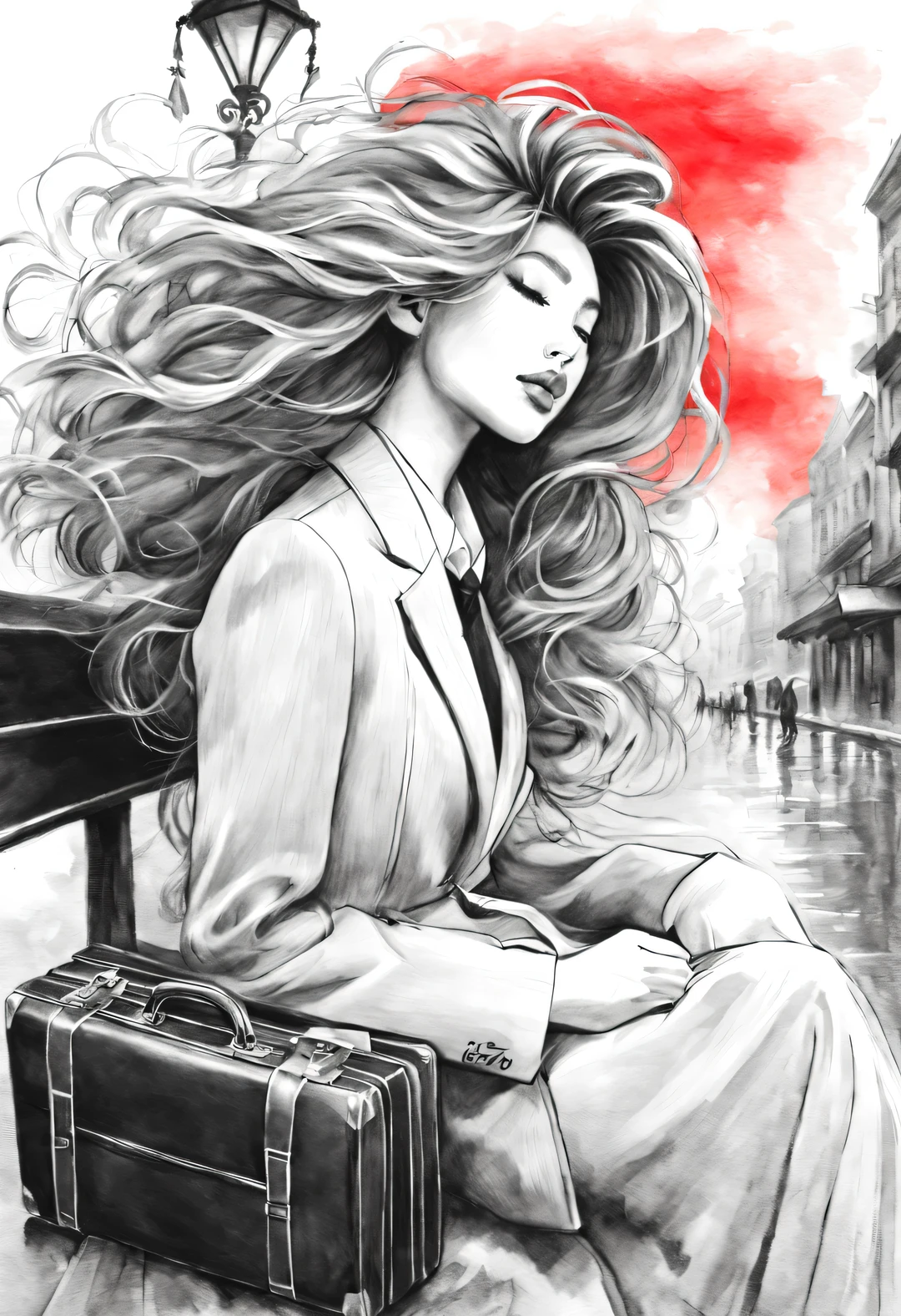 (Graphite painting), (A girl sleeps on a bench holding a briefcase: 1.0), (Messy and elegant wavy hair), (A bench on a shabby street), (Wearing a business suit and high heels), (Underfoot is an oversized briefcase), She has a young and wild Asian face, Slightly mixed face shape, (0.4 Located in Lower Paris), (Beautiful red mouth), high nose, Her hair is smooth and layered, ( and expression: 0.65), Only the street lights glow red, The background is a stormy night, (fly in the sky) many newspapers),
90's anime style, contour, Graphic arts, line art, black and white, line art with pen pressure, Pen pressure sketch, Calligraphy pen with pen pressure, G pen style，With pen pressure, bold hand drawn lines, high contrast, CG model,