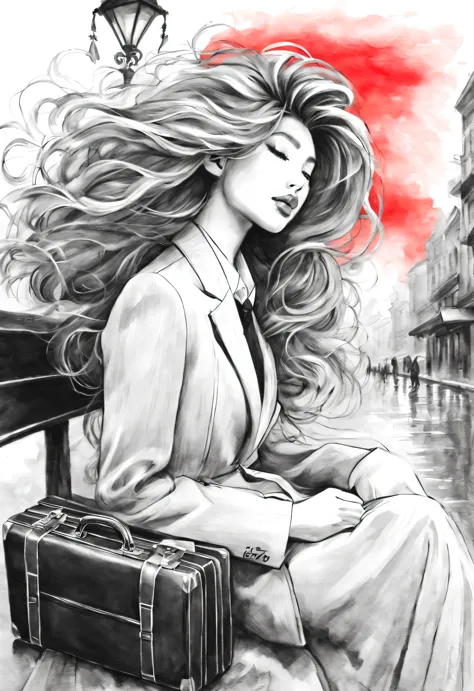 (Graphite painting), (A girl sleeps on a bench holding a briefcase: 1.0), (Messy and elegant wavy hair), (A bench on a shabby st...