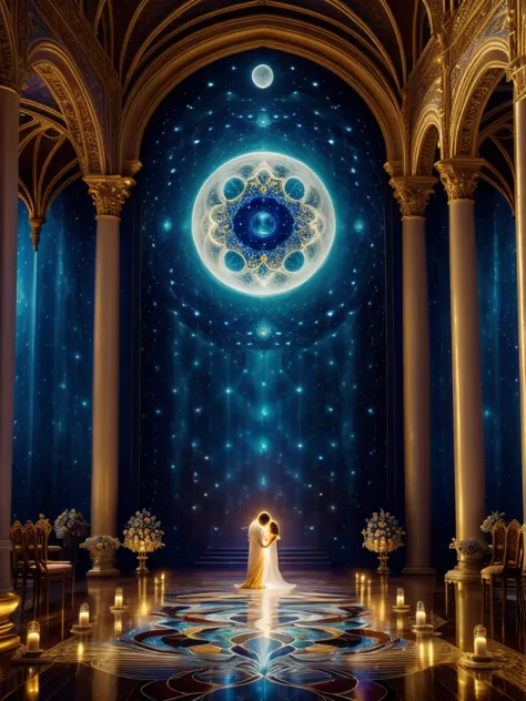 mesmerizing sight, moonlight flows elegantly through intricate stained glass windows, a heavenly dance of light and color, dream...