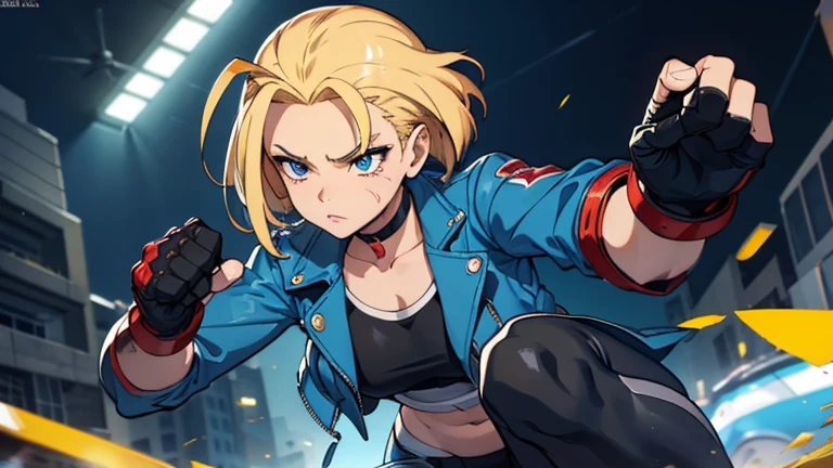 masterpiece, highest quality, High resolution, 1 female, cammy white, short hair, antenna hair , blonde hair , blue eyes , Scar on left cheek, black choker, clavicle, blue jacket,　Black inner shirt, cropped jacket, open jacket, play sports often, abdomen, fingerless gloves, black gloves, Long black pants, Navel exposed, combat readiness , fighting pose , street fight , clenched fist , correct move , 