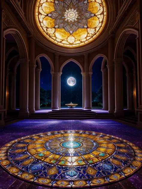 mesmerizing sight, moonlight flows elegantly through intricate stained glass windows, a heavenly dance of light and color, dream...