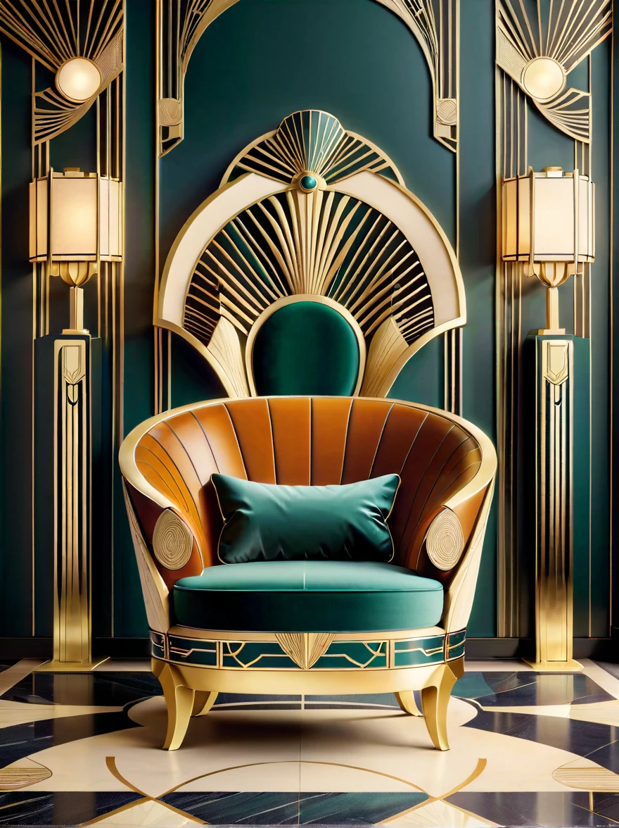 Crea la imagen de una hermosa silla en estilo Art Deco.。La silla debe reflejar la elegancia y sofisticación del Art Deco.，tener forma geométrica、强烈的线条和Moda的设计。La estructura de la silla debe ser simétrica.、Moda，Centrarse en el lujo y la comodidad。El interior puede utilizar un rico、Colores vivos，Complementado con decoración o incrustaciones de metal.，Añade un toque de glamour y brillo.。Las patas y los reposabrazos de las sillas deben simplificarse、Aspecto exquisito，Reflejando la modernidad y el gusto de alta gama del período Art Deco。La composición general debe tener un impacto visual.，y representa la singularidad de este movimiento artístico、Moda本质。