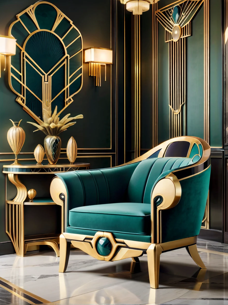 Create the image of a beautiful chair in Art Deco style。The chair should reflect the elegance and sophistication of Art Deco，have geometric shape、Strong lines and fashionable design。The structure of the chair should be symmetrical、Fashion，Focus on luxury and comfort。The interior can use a rich、Bold colors，Supplemented by metal decoration or inlays，Adds a touch of glamor and shine。Chair legs and armrests should be streamlined、Exquisite appearance，Reflecting the modernity and high-end taste of the Art Deco period。The overall composition should have a visual impact，and represents the uniqueness of this artistic movement、Fashion Essence。