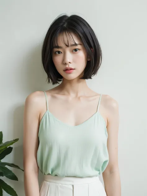 See-through tops、巨乳、キャミソール、むちむちな太もも、(背景にwhite wall、Part of her clothes is Mint green:1.4)、white wall、Taken in front of the white...