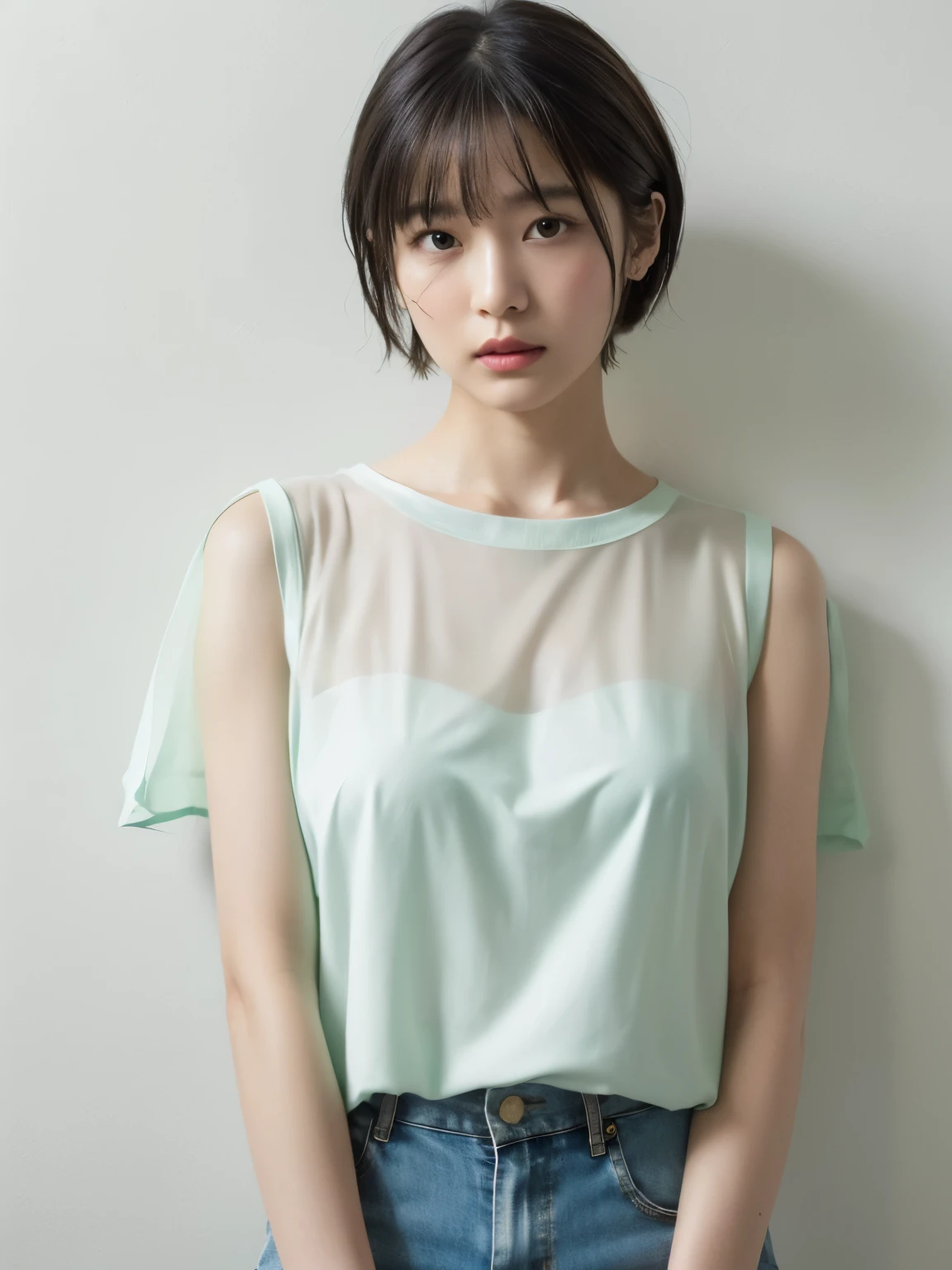 See-through tops、巨乳、キャミソール、むちむちな太もも、(背景にwhite wall、Part of her clothes is Mint green:1.4)、white wall、Taken in front of the white door、(窓のあるwhite wallの部屋)、((highest quality、8K、masterpiece:1.3))、ultra high resolution、(photorealistic:1.4)、raw photos、Japanese,(details face)、real、Shot in natural light、Highly detailed face and skin texture、highly detailed lips、correct state of the human body、short cut hair、black hair、various poses、natural color lip