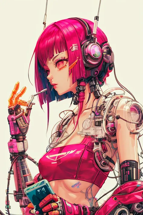 a close-up of a person with a cell phone and a robot, Arte ciberpunk style, Arte ciberpunk, cyberpunk vibes, arte com tema cyber...