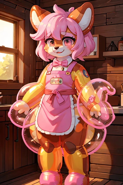 ((anthro, living_inflatable:1.4)), (masterpiece, best quality, highres, ultra detailed:1.2), (solo, 1girl, furry female, cowboy shot), reese_(ac), pink fur, apron, blush stickers,