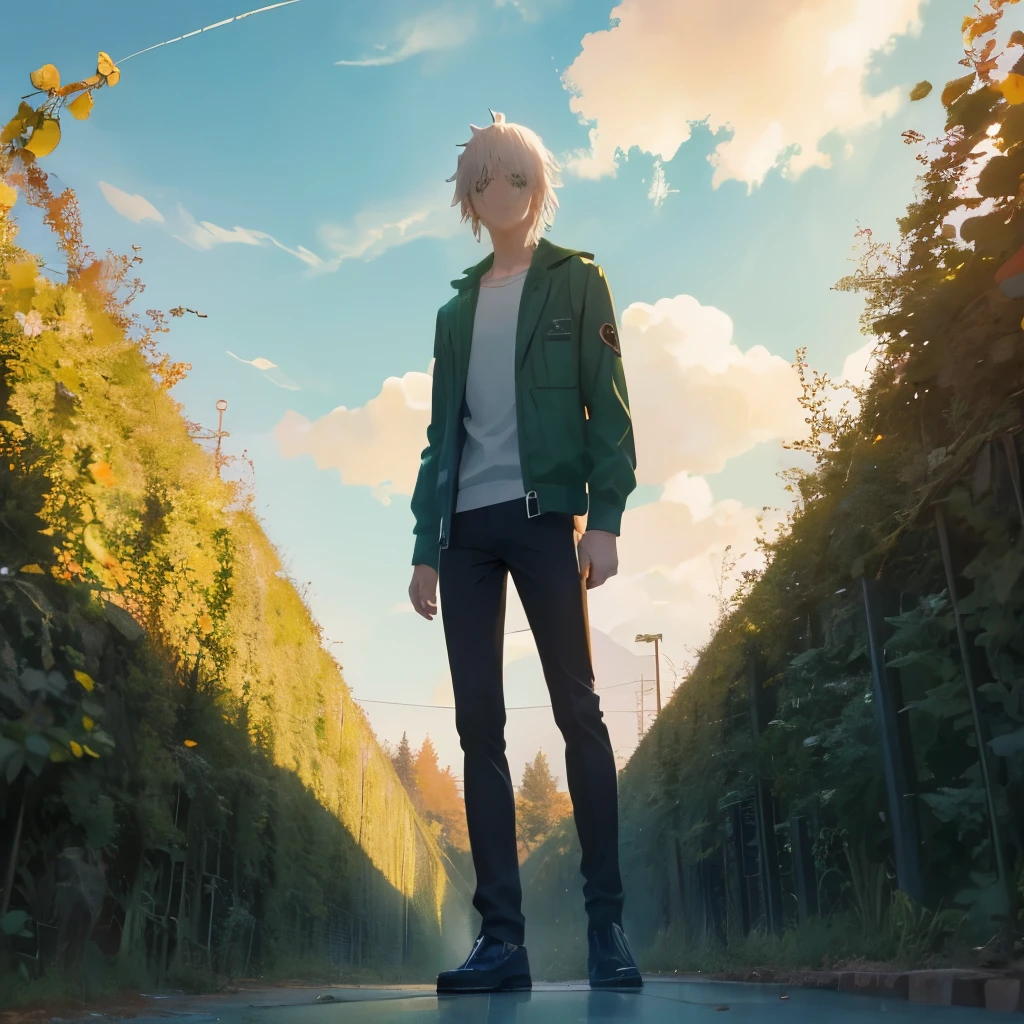 Anime boy inspired by denji from chainsaw man, By the chestnut, Ropa Rural Isekai, green landscape background, masterpiece, 4k, manga, anime manga character, Whole body, full body 