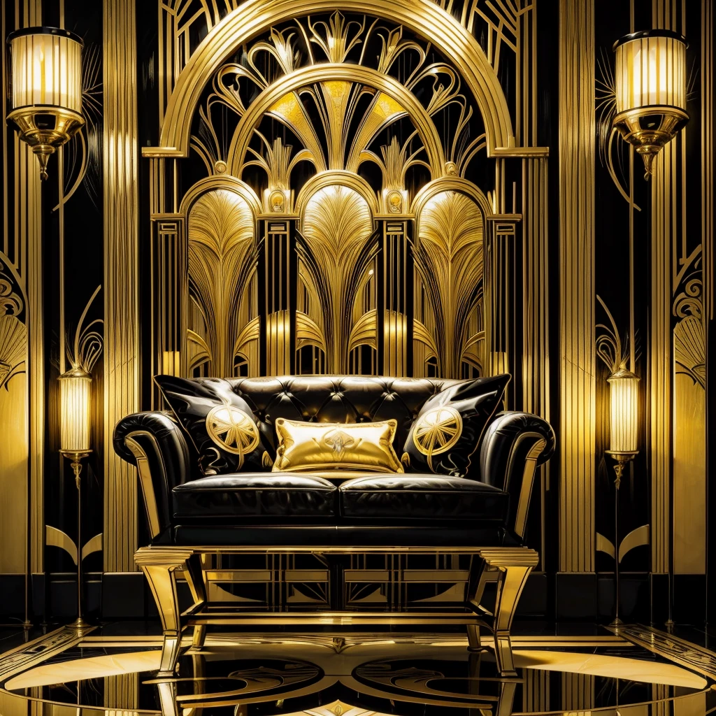 Black sofa with gold wallpaper and table lamp, an Art deco painting by Elena Guro, Popular topics on pixabay, Art nouveau, Art - deco style, Art-deco style, Art deco motifs, Art deco design, Art deco style, Art deco interior, Art deco medieval style, Art decor, modern Art deco, Art. Art deco, inspired Art deco