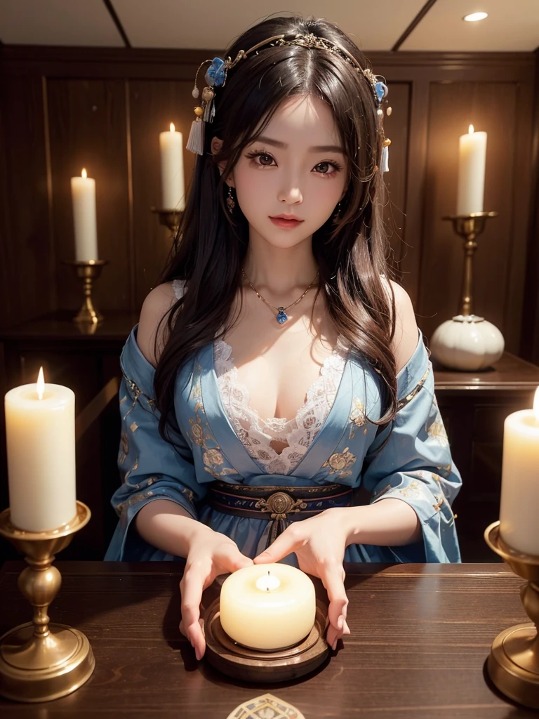 最high quality, masterpiece, high resolution, 1 female, 35 years old, Japanese, Western fortune teller's costume, hair ornaments, necklace, jewelry, beautiful face, gentle smile, On top of that_body, Tyndall effect, realistic, Fortune-telling room, Candles on the table, tarot cards, rim lighting, two-tone lighting, (High resolutionスキン:1.2), 8K uhd, Digital single-lens reflex camera, soft lighting, high quality, volume lighting, Frank, photograph, High resolution, 4K, 8K, Bokeh