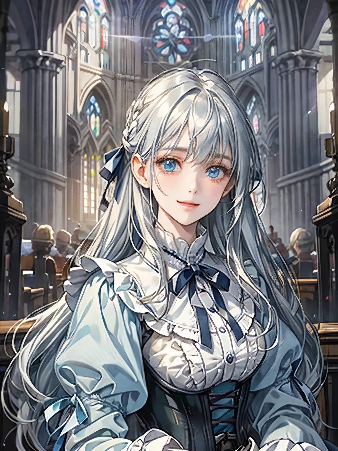 1 fille、Chemisier bleu clair、corset、Visage détaillé、cheveux longs avec cheveux gris、yeux bleu clair、Yeux ronds、cheveux arranger、Attacher un ruban、fille souriante、yeux tombants、yeux tombants、、église、Patsun frange