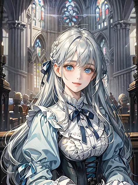 1 girl、light blue blouse、corset、detailed face、long hair with gray hair、light blue eyes、round eyes、hair arrange、attach a ribbon、s...