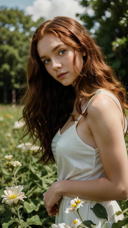 Teenager-Mädchen, lange lockige rote Haare, grüne Augen, leichtes Make-up, posiert in einem sonnigen Blumenfeld, soft lens, fotorealistisches Portrait

