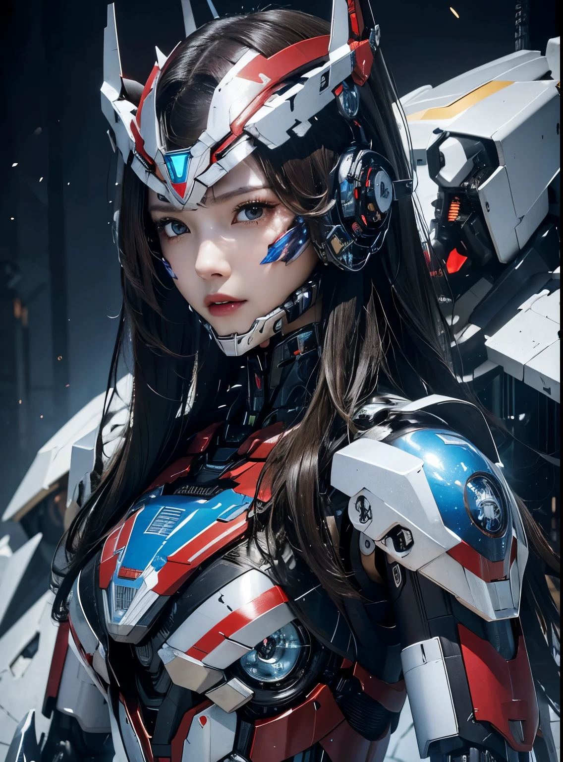 rough skin, Super detailed, advanced details, high quality, better quality, High resolution, 1080P, hard disk, beautiful,(Iron Patriot),beautifulサイボーグの女性,Mecha cyborg ,battle mode, With mechanical body,She wears a futuristic Iron Patriot mech,full body shot