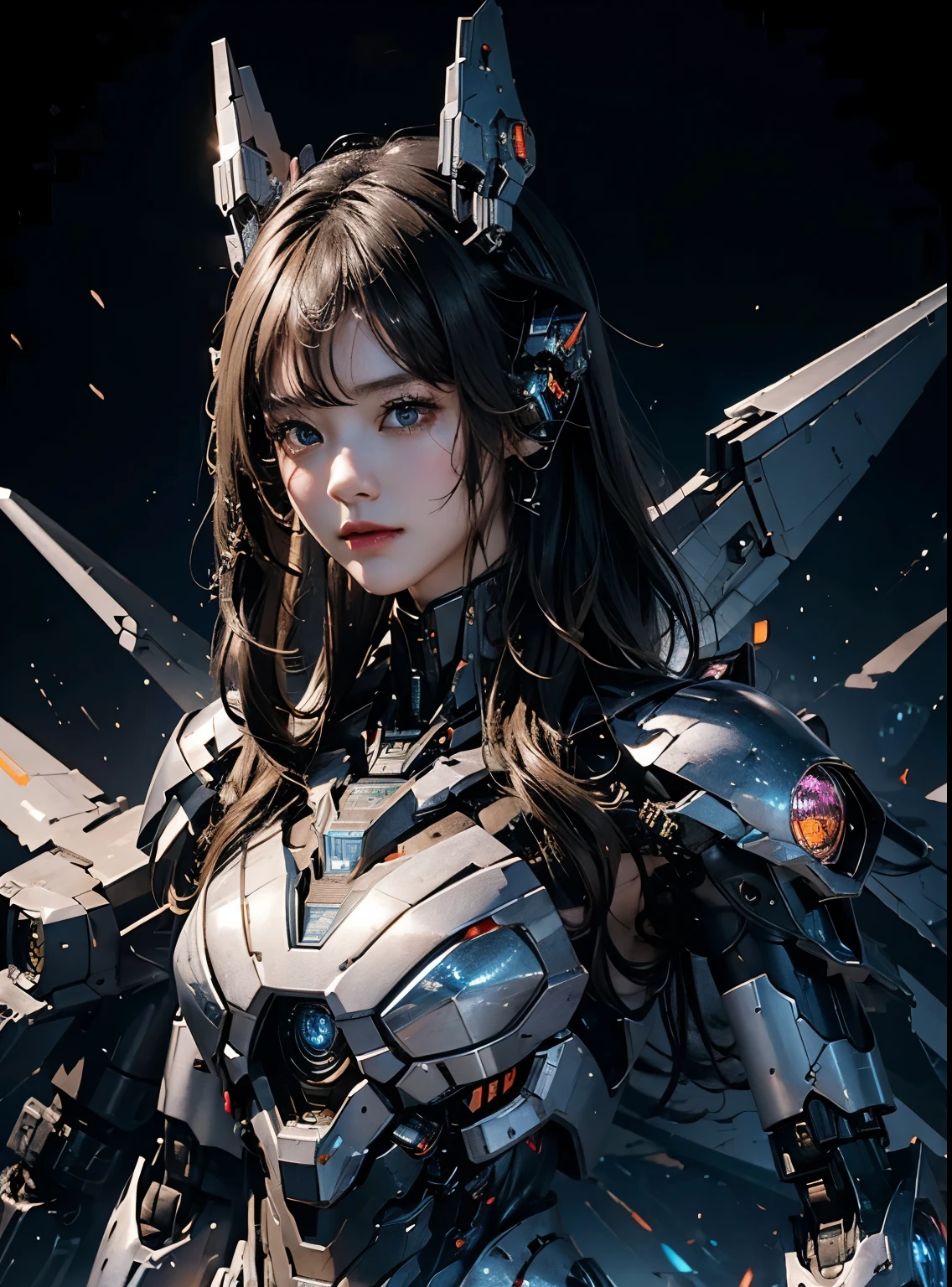 rough skin, Super detailed, advanced details, high quality, 最high quality, High resolution, 1080P, hard disk, beautiful,(War Machine),Beautiful cyborg woman,Mecha cyborg girl,battle mode,Mecha body girl,She&#39;s wearing a futuristic War Machine mech,full body shot