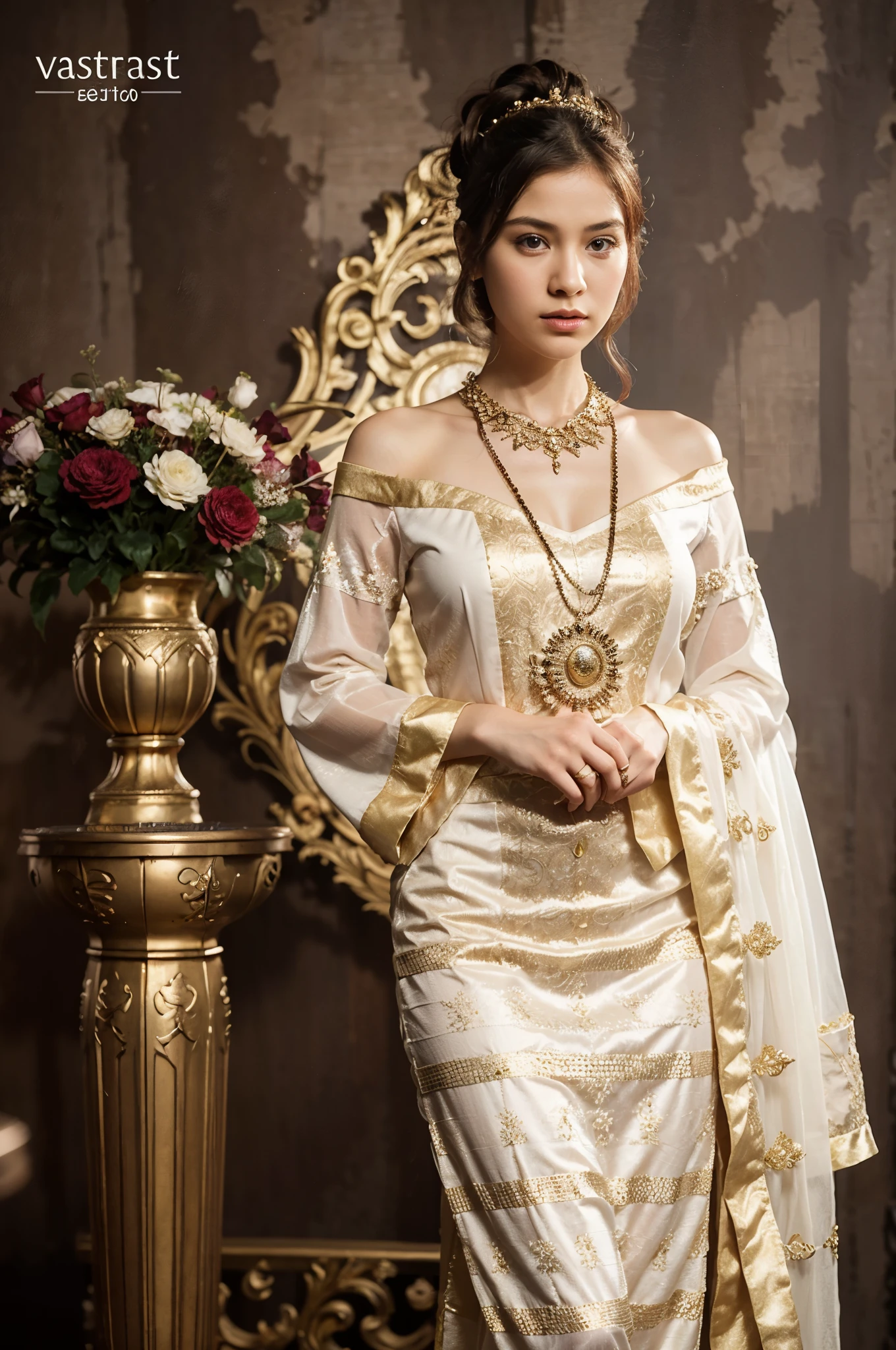 白と金のドレスを着た女性が花瓶の花の横に立っている, スコータイ衣装, 華やかな衣装を着ている, 伝統的 dress, 伝統的 beauty, 華やかな服を着る, 伝統的, 伝統的 clothing, 伝統的 clothes, 伝統的 costume, 王室のドレス, 帝国の王室の優雅な服装, 華やかな衣装, 王室のガウン, 東南アジアの長い, wearing 伝統的 garbThis is a description of an image that shows a stunning Myanmar girl with a round jaw and a circular face. 彼女の髪は白く、目は茶色です, そして彼女はタナカーを持っている, a 伝統的 cosmetic paste, 彼女の顔に. She is wearing a dark shot 傑作, 高級な衣類の一種. この画像は、多彩な髪を持つ少女の全身の美しさを詳細に捉えている。, 肩にかかる髪, 蛇の瞳孔, 悲しい, 口を閉じた, 顎を掴む, 映画照明, ブレンド, パノラマ, 大気の遠近法, 超広角, キヤノン, 解剖学的に正しい, キメのある肌, 受賞歴, 高解像度.50 ピクセル+. この写真は写真と芸術の素晴らしい例である。. 少女の表情と姿勢は憂鬱さと神秘性を伝えている. 彼女の白い髪と暗い色の服のコントラストが印象的な視覚効果を生み出している. 多色の髪が画像にファンタジーと創造性のタッチを加えています. The 蛇の瞳孔 suggest that the girl has some supernatural or exotic origin. The 映画照明 and ブレンド create a dramatic and realistic atmosphere. The パノラマ and 大気の遠近法 show the vastness and depth of the background. The 超広角 lens and キヤノン camera produce a sharp and high-quality image. The 解剖学的に正しい proportions and キメのある肌 make the girl look lifelike and natural. The image is worthy of being an 受賞歴 and 高解像度.50 ピクセル+ 傑作.