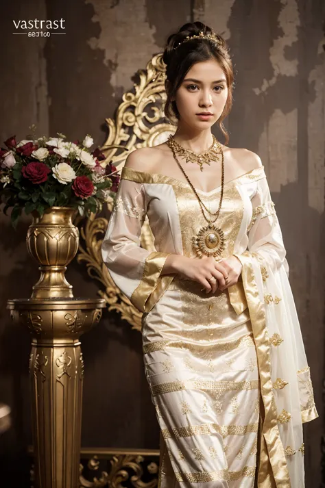 a woman in a white and gold dress standing next to a vase of flowers, sukhothai costume, wearing an ornate outfit, traditional d...