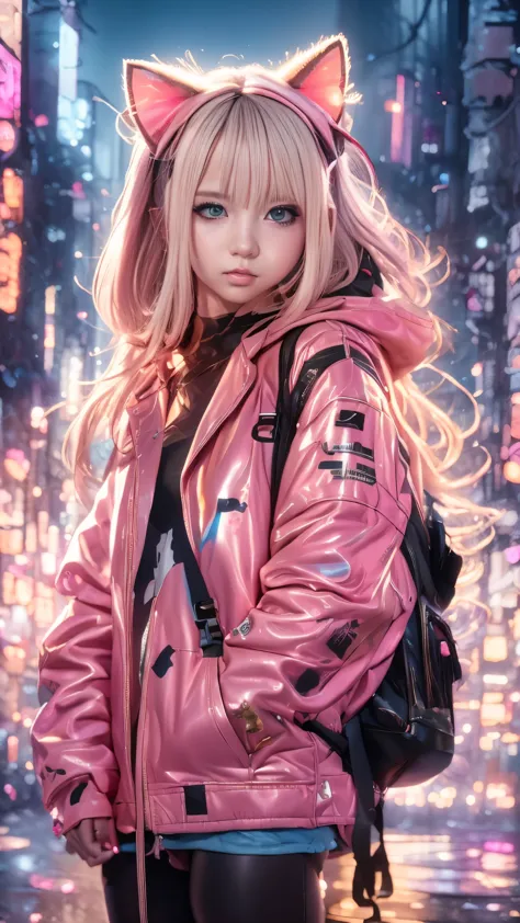 anime girl in pink jacket with cat ears and backpack on city street, cyberpunk anime girl in hoodie, anime style 4 k, anime vibe...
