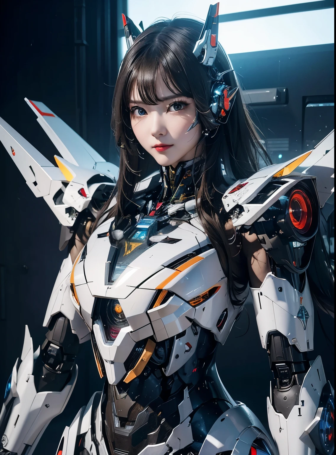 Pele áspera, super detalhado, detalhes avançados, alta qualidade, Melhor qualidade, Alta resolução, 1080P, disco rígido, lindo,(máquina de guerra),lindoサイボーグの女性,Mecha Ciborgue ,modo de batalha, With mechaanical body,Ela usa um futurista,mecha,tiro de corpo inteiro