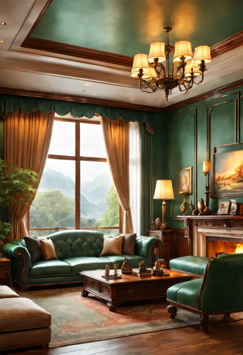 Dignified and elegant leather furniture、soft light、Elegant curtains，Burning fireplace。There are paintings on the walls，There are...