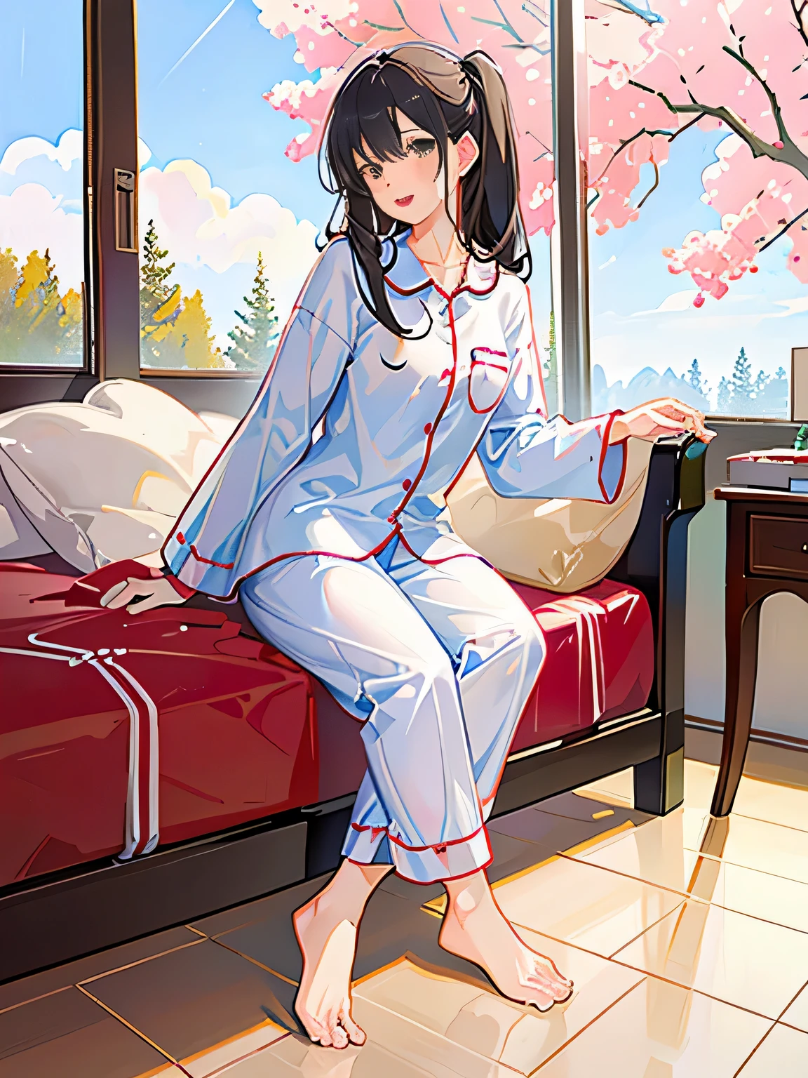 best quality, masterpiece, ultra high res, 8K, raw, (photo realistic:1.4), physically-based rendering, depth of field, looking at viewers, slender, (sitting:1.1), in the bed room, detailed beautiful face, 1 girl, cute, young, nose blush, big black eyes, open mouth, tiny breasts, black hair, detailed clothes, (pajamas:1.3), no shoes ,pureerosface_v1,