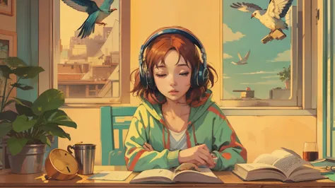 1woman, solo, sitting at a table with headphones, a book and a bird, lofi girl, lofi art, lofi art style, lofi feel, lofi portra...