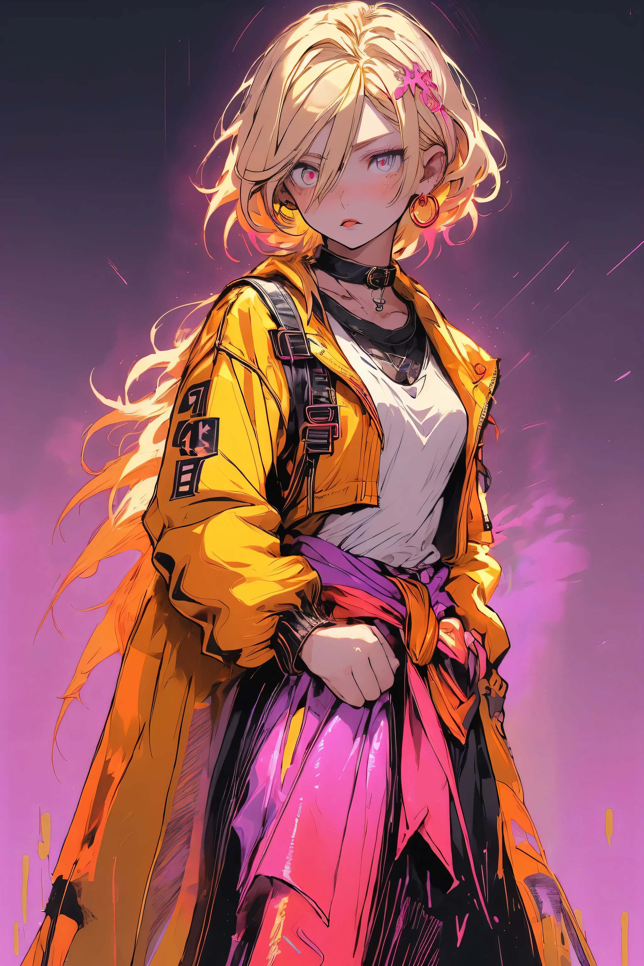 Upper body standing painting, yellow style, (1 ), (alone), (cent, small), long blonde hair, looking at the viewer, Blue eyes background, white background, gem, Jacket, golden hair、straight hair, ear nipple rings, red eyes, choker necklace, sweater, eyelash, cosmetics, curly, punching, lipstick, ear piercing, eye shadow, hoop earrings, Red-pink lips, multicolored eyes, Yellow theme, 赤いeye shadow,Wearing a rainbow-colored aura from the whole body、purplish color, outdoor, Purple background, Shadow lighting,Hands folded behind the waist,Decisive pose、Detailed CG, (perfect hands, perfect anatomy)、stick out tongue（1:3）、Happier appearance