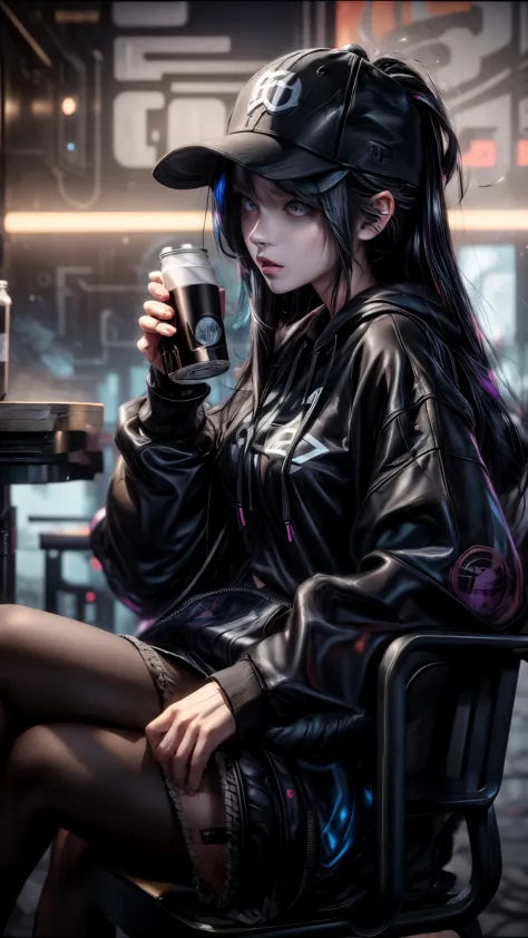 anime girl with black hair and a baseball cap sitting on a chair, anime girl drinks energy drink, 1 7 - year - old anime goth gi...