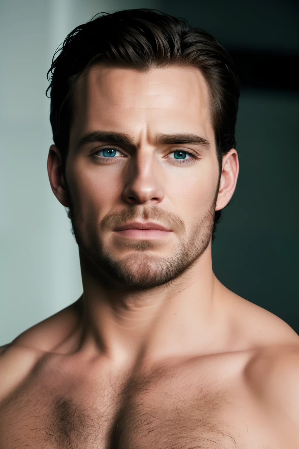 A striking photorealistic portrait of Henry Cavill and Chris Evans merged into one, showcasing the best features of both men. The image captures the sharp jawline, piercing blue eyes, and defined eyebrows of Henry Cavill, while the chiseled jaw, green eyes, and tousled hair of Chris Evans are also prominently displayed. The detailed facial structures and realistic skin texture add to the lifelike appearance of this masterpiece. The lighting creates cinematic depth, casting subtle shadows and highlighting every intricate detail. (Photorealistic: 1.5, High Detail: 1.2, RAW Photography: 1.8, Ultra HD: 1