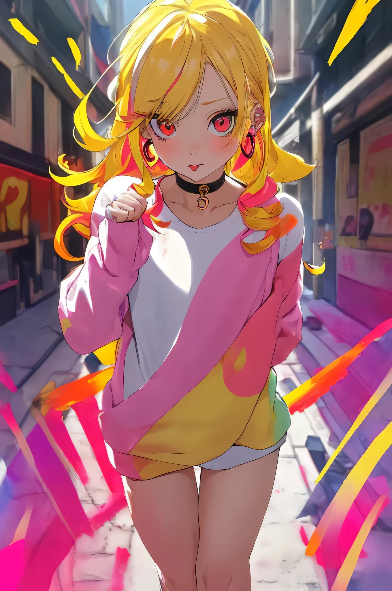 Upper body standing painting, yellow style, (1 ), (alone), (cent, small), long blonde hair, looking at the viewer, Blue eyes background, white background, gem, Jacket, golden hair、straight hair, right earring, red eyes, choker necklace, sweater, eyelash, cosmetics, curly, punching, lipstick, ear piercing, eye shadow, hoop earrings, Red-pink lips, multicolored eyes, Yellow theme, 赤いeye shadow,Wearing a rainbow-colored aura from the whole body、purplish color, outdoor, Purple background, Shadow lighting,Hands folded behind the waist,Decisive pose、Detailed CG, (perfect hands, perfect anatomy)、stick out tongue（1:3）、Happier appearance