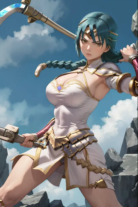 masterpiece, best quality, 1girl, solo, thorrdef, single braid, circlet, white dress, cleavage, bridal gauntlets, looking at viewer, holding weapon, holding axe, battle axe holding long grip of axe, fighting stance,
