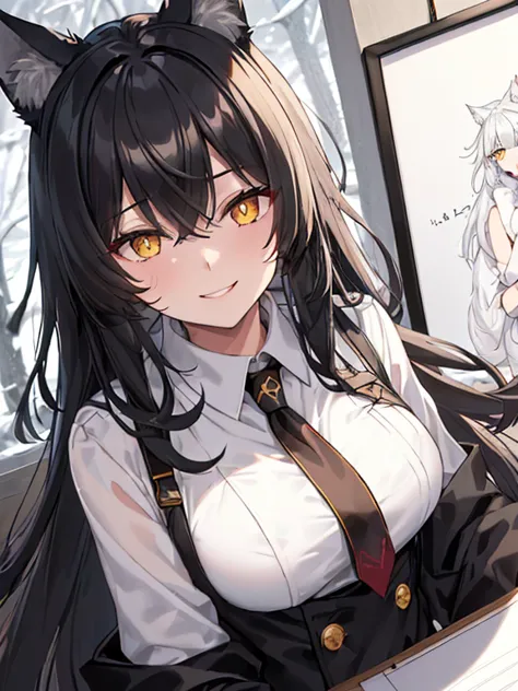 Black Haired, (Long hairstyles), Yellow Vertical pupil,(Vertical Eyes), Wolf ears, (Wicked Smiles), A girl, Wearing a White Suit...