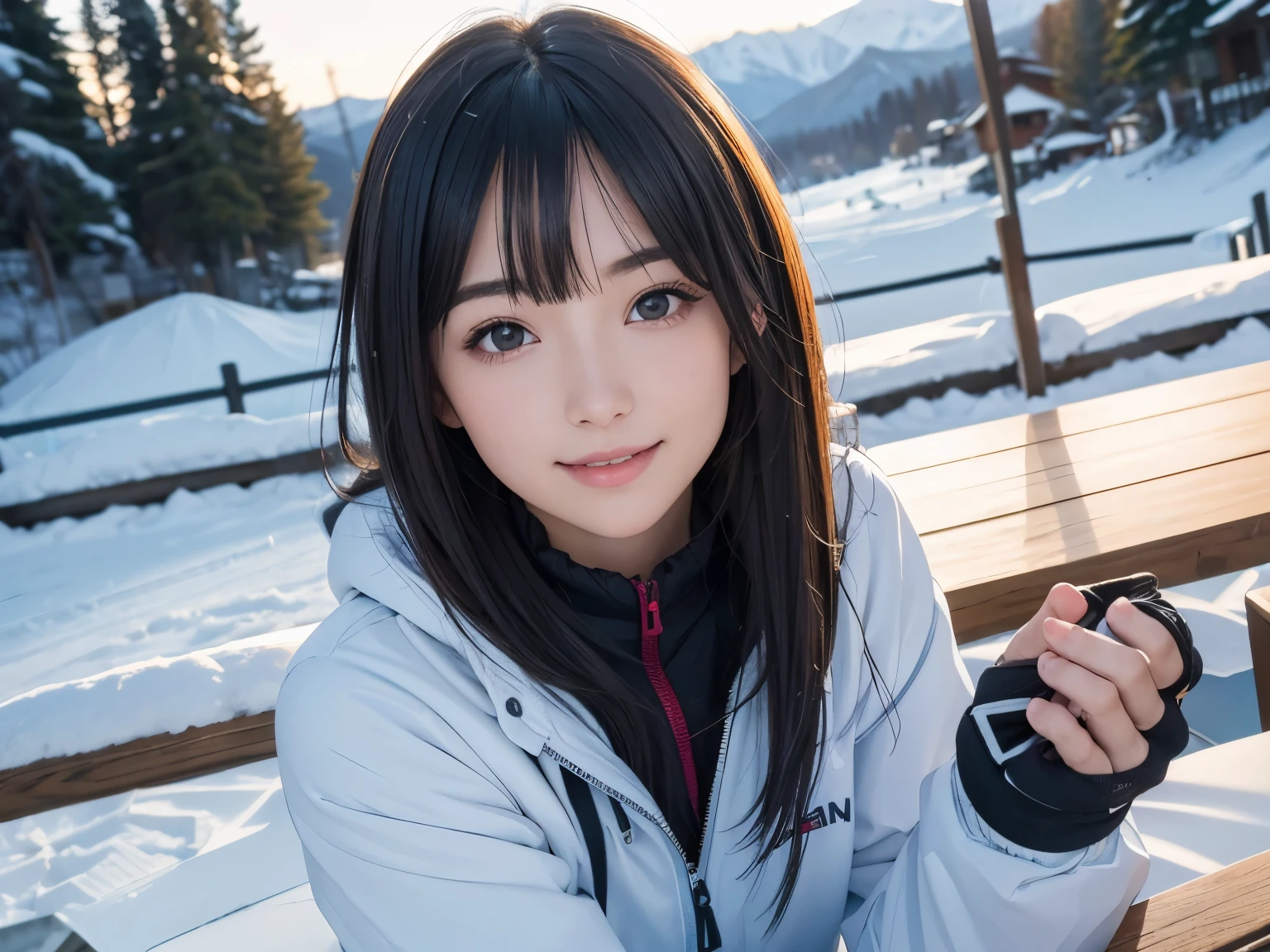 (8K,table top, RAW photo,highest quality:1.4),(photo-realistic:1.2),(extremely detailed face),(shiny skin),(fine skin),(detailed face),(very beautiful face), 1 girl,looking at the viewer,japanese idol(actor hair,medium hair,straight hair,asymmetrical bangs,smile, Wearing ski wear, ski pants and ski gloves, At the snowy ski resort,High position,Natural light