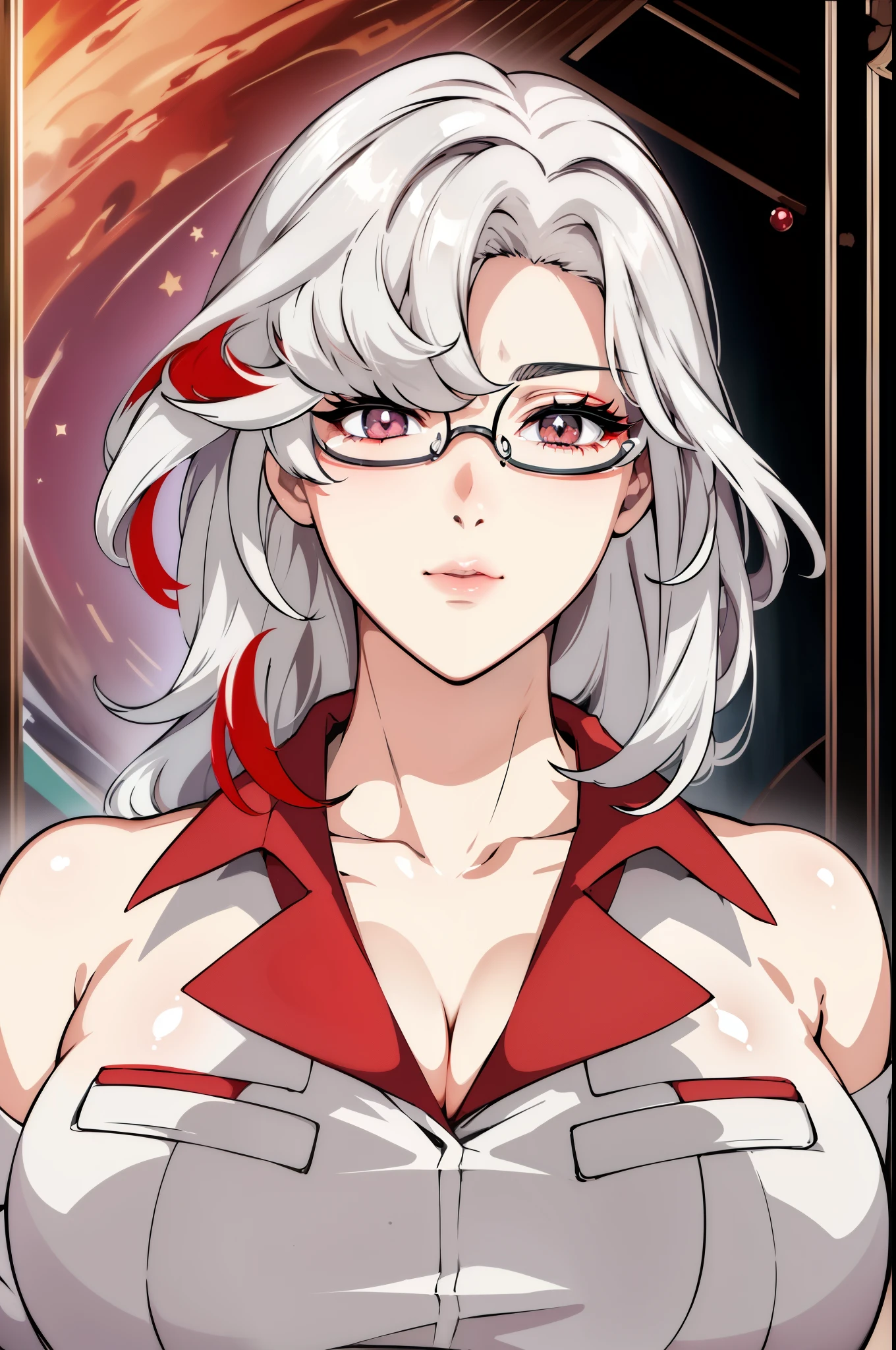 ((hair over one eye)) cleavage, collarbone, glasses, ((White hair)), (Red fading hair below part), white eyes,lipstick, Bangs,long hair,
1 girl, 20yo,Young female, Beautiful Nose,Beautiful character design, perfect eyes, perfect face,expressive eyes,perfect balance,
looking at viewer,(Focus on her face),closed mouth, (innocent_big_eyes:1.0),Light_Smile, large breasts, cleavage, 
official art, (Beautiful,large_Breasts:1.6), (beautiful_face:1.5),(narrow_waist),