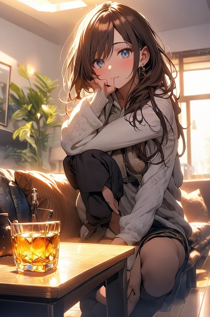 (masterpiece:1.2, best quality), (finely detailed beautiful eyes: 1.2), solo focus,   (extremely detailed CG unity 8k wallpaper, masterpiece, best quality, ultra-detailed, best shadow), (detailed background), (beautiful detailed face, beautiful detailed eyes),  1girl, shoko , brown hair, brown eyes,oversized hoodie, long sleeves, shorts, sitting on couch, sofa, drinking from a cup, drinking coffee, living room, casual clothes,  earrings,   High contrast, beautiful sexy woman, adult, (best illumination, an extremely delicate and beautiful),(simple backround, indoors), looking at viewer,beautiful detailed glow,