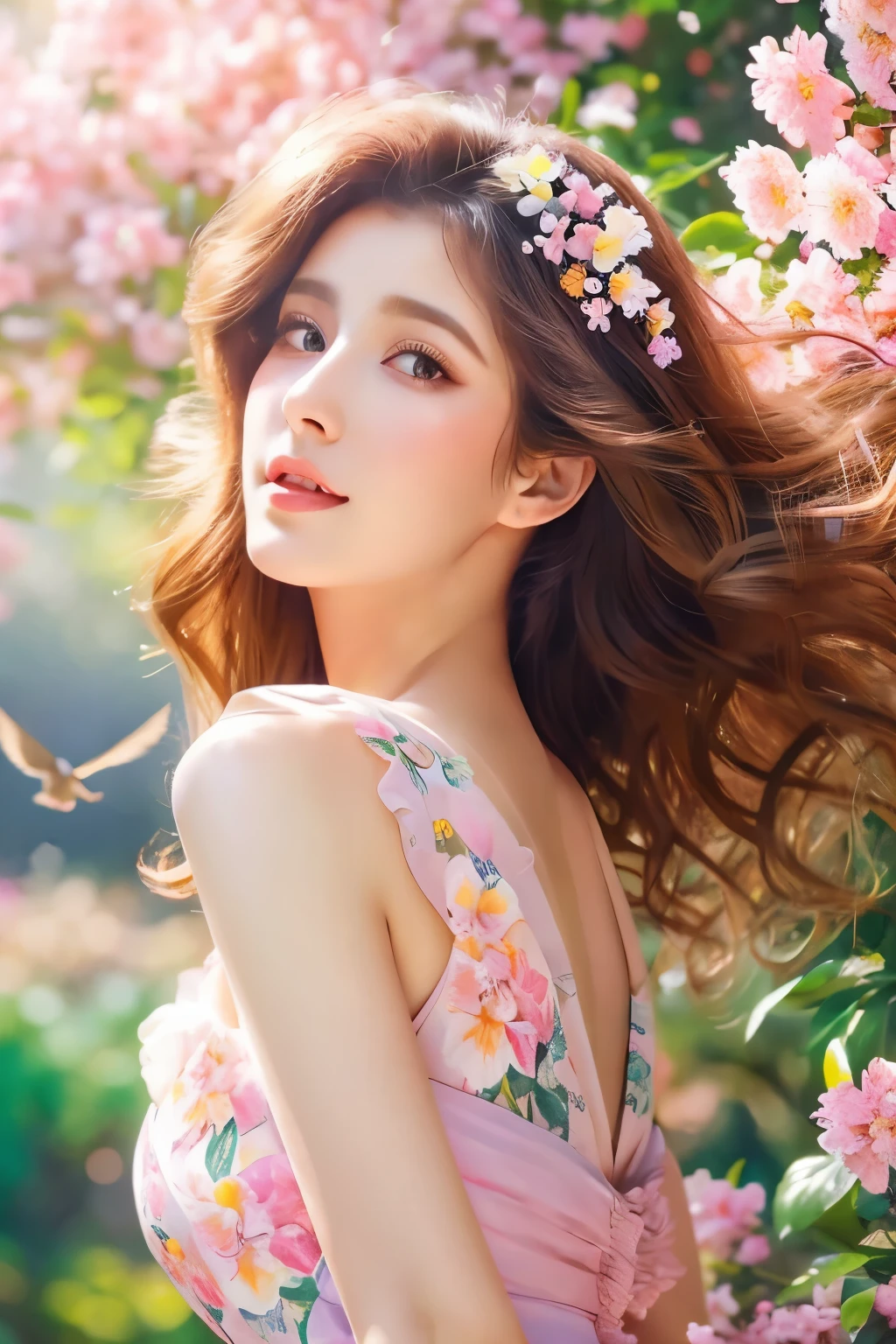 girl standing in a beautiful garden, Lush green grass and bright flowers々. She has long flowing hair and a beaming smile. The sun's rays illuminate her face, Highlight her sparkling eyes and rosy cheeks. The girl is、Fits perfectly into the vibrant atmosphere of the garden、wearing a colorful summer dress。. Birds chirp happily in the background, adding a touch of vibrancy to the scene. The artwork is created using a combination of traditional painting techniques and digital illustrations, Visually stunning composition. The colors are bright and vibrant, High contrast and sharp focus. The lighting is soft and natural, Create a warm and cozy atmosphere. Overall image quality is of the highest standard, Ultra-detailed elements and realistic textures. Artwork that evokes joy and tranquility, Capturing the beauty of nature and the innocence of youth.