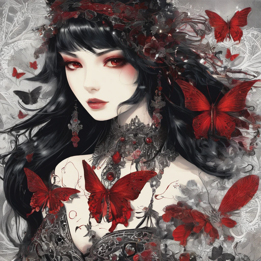 Poker face,,(dark fantasy),((Wonderful illustrations)),(Details fly), long black hair, red pupils, girl, Solid black dress, collar only, The cuffs and skirt are dark red, There is a red butterfly hairpin pinned next to her ear., masterpiece, best quality, high quality, scarf,, Red and black crystal necklace,